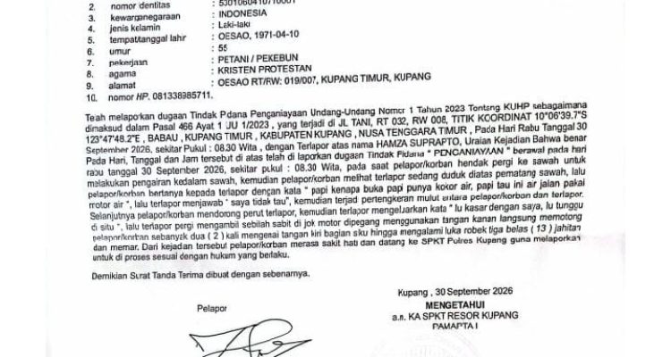 Laporan Polisi yang dibuat korban di Polres Kupang (tangkapan layar) Laporan Polisi yang dibuat korban di Polres Kupang (tangkapan layar)