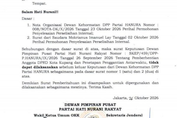 Surat DPP Partai Hanura yang memerintahkan penundaan proses PAW Mokris Lay Surat DPP Partai Hanura yang memerintahkan penundaan proses PAW Mokris Lay