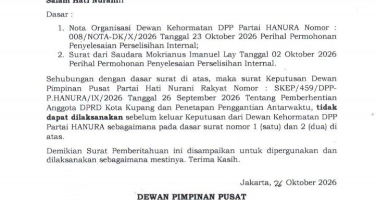 Surat DPP Partai Hanura yang memerintahkan penundaan proses PAW Mokris Lay Surat DPP Partai Hanura yang memerintahkan penundaan proses PAW Mokris Lay