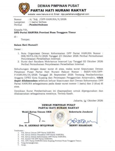 Surat DPP Partai Hanura yang memerintahkan penundaan proses PAW Mokris Lay
